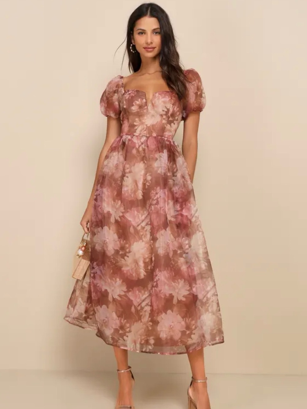 Lulu's Dusty Rose & Cream Floral Puff-Sleeve Midi Dress